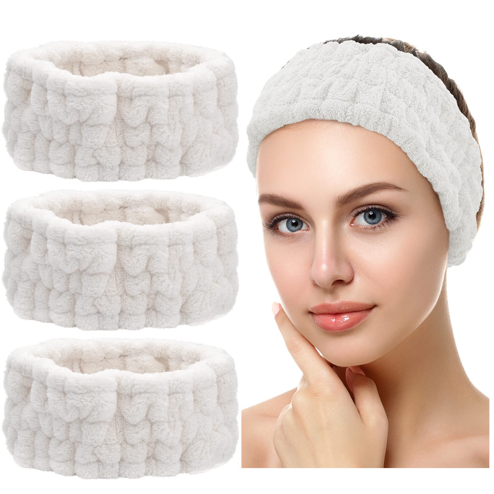 3 Pieces Face Wash Headbands Makeup Headband Skin Care Spa Fleece Headband for Women Girls Sport Yoga (White)