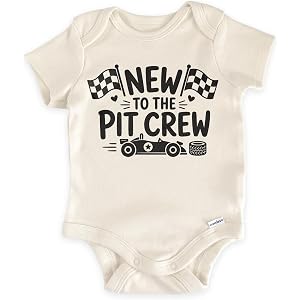 New To The Pit Crew Racing Baby Reveal Bodysuit (0-3 Months, Natural) | Racing Pregnancy Announcement, Checkered Flag Newborn