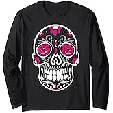Sugar Skull Cranium Fun Costume with Flowers and Ornaments Long Sleeve T-Shirt