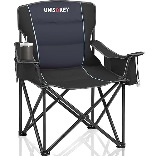 Unisakey Oversized Folding Camping Chair for Adults - 450lbs Support - Heavy Duty Portable Lawn Chairs with Side Pocket Cup Holder Cooler Bag for Sports Garden Beach Fishing, Black