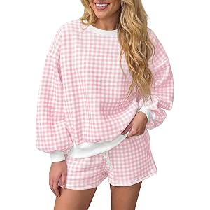 Fisoew Women's Gingham Lounge Set 2 Piece Outfits Sweatshirt and Shorts | Oversized, Long Sleeve, Workout, Lounge Matching Se