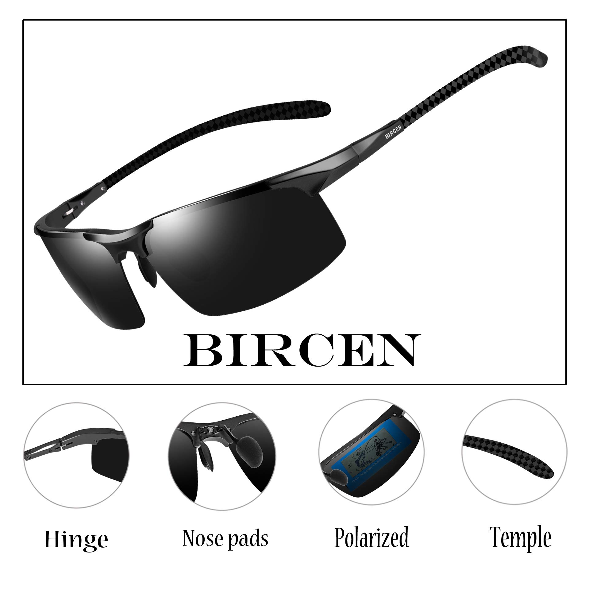 Bircen Mens Polarized Carbon Fiber Sunglasses UV Protection Sports Fishing Driving Sunglasses for Men Al-Mg Frame