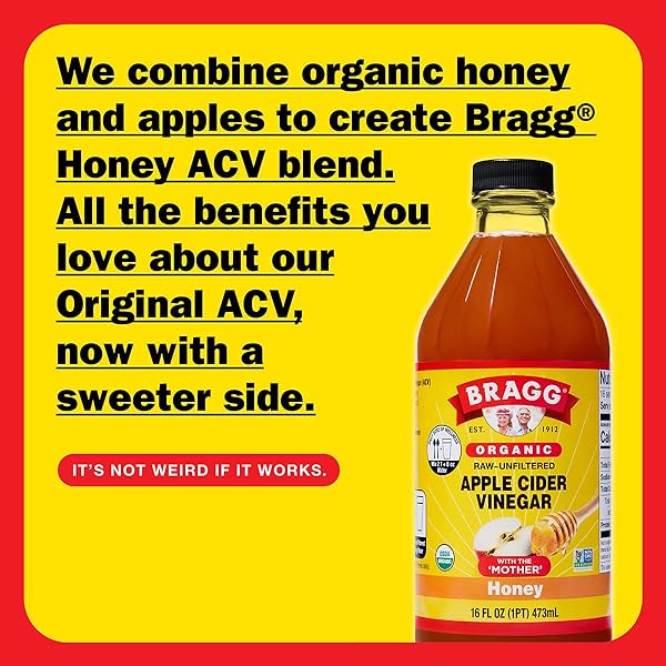 BRAGG ORGANIC APPLE CIDER VINEGAR HONEY BLEND WITH THE MOTHER – 16 FL OZ – RAW AND UNFILTERED