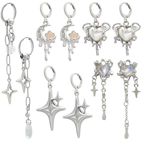Sacina Juego De 4 Pares De Aretes De Aro De Cadena Con Punta De Estrella, Aretes Grunge Emo Punk Y2K, Joyería Gótica De Navidad Regalo Para Mujer, Cobre, Acero Inoxidable, Acero