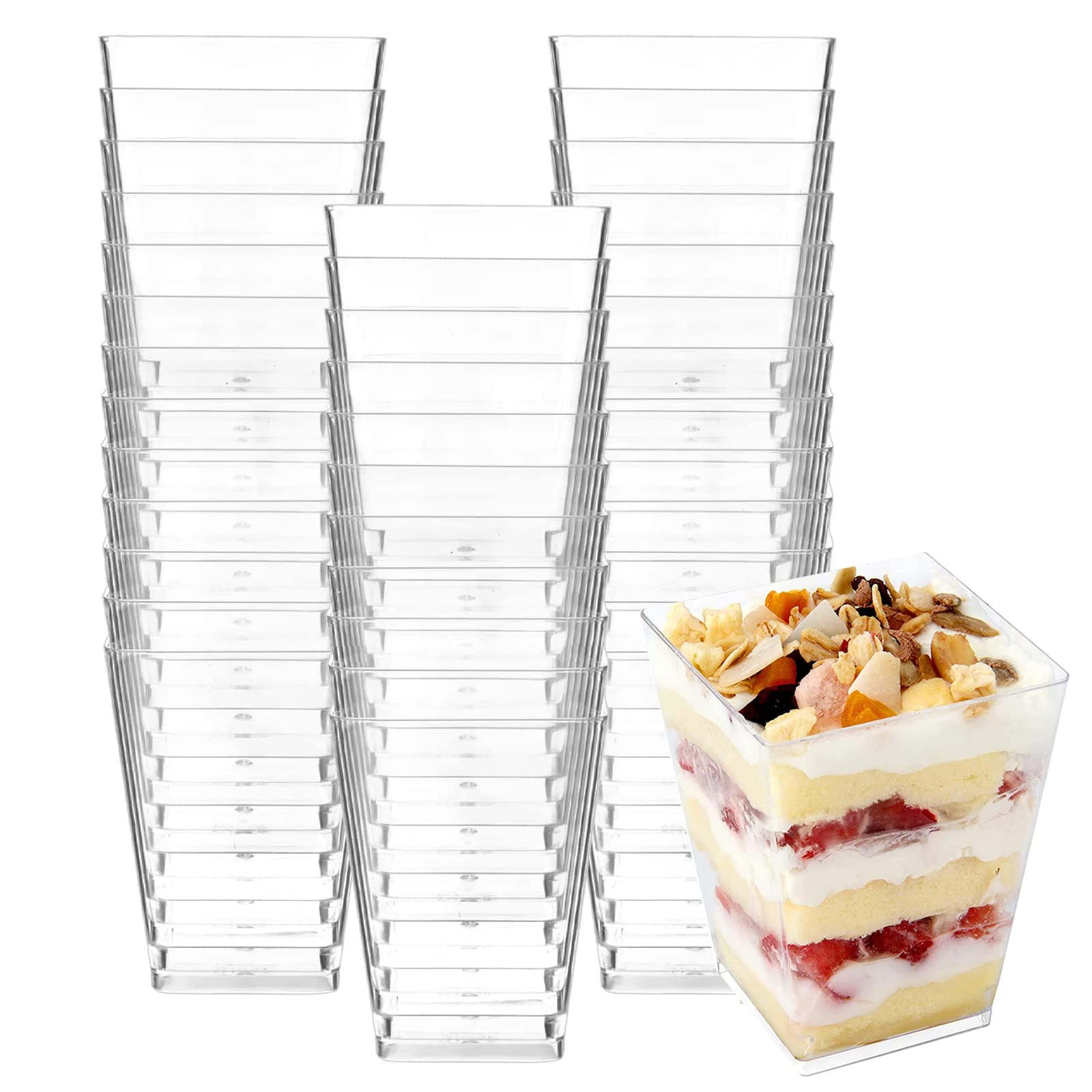 CYH 50 Pack Square Plastic Mini Dessert Cups, 240ml Multi-use Plastic Parfait Appetizer Cup, Serving for Puddings Mousse Desserts Appetizers Birthday Party, Transparent