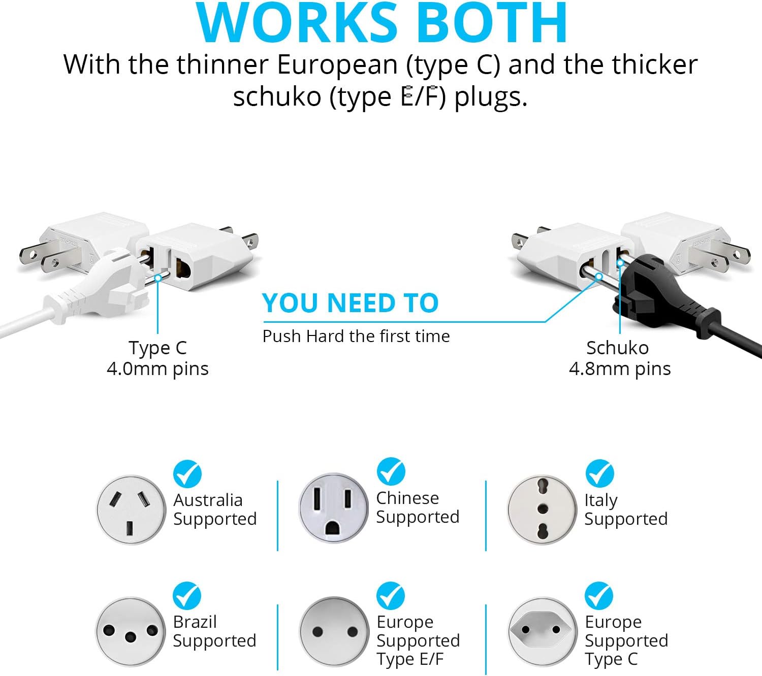 Unidapt EU Europe to US USA Travel Plug Adapter Power Converter AC (Pack of 2): Home Audio & Theater