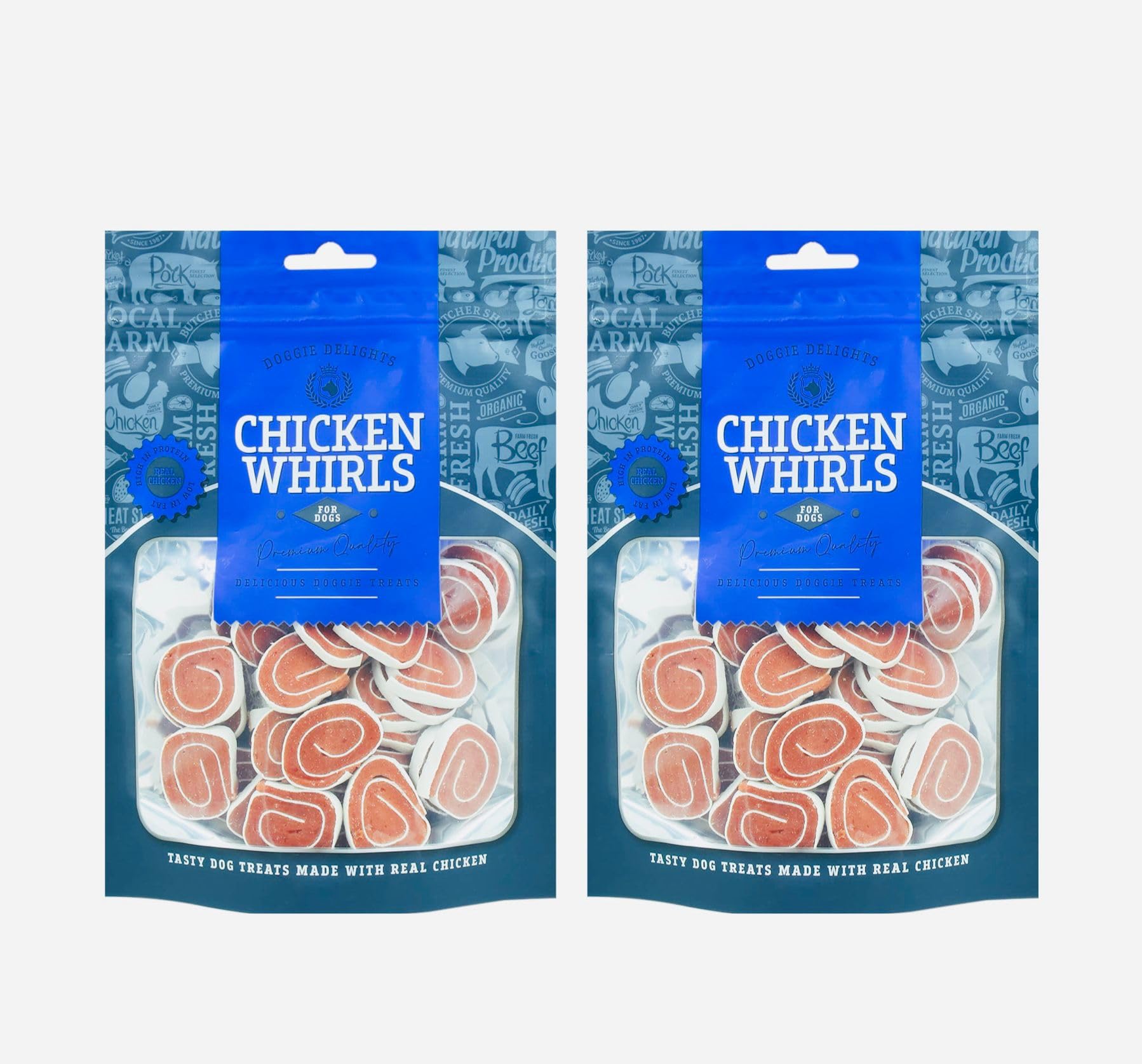 2x Doggie Delights Dog Treats For Dogs Premiam Quality Delicious Doggie Healthy Treats High In Protein Low in Fat Real (2x Chicken Whirls - Each160g) — image 1