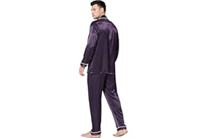 Lonxu Pajamas Set Mens Silk Satin Pajamas Long Sleeve Loungewear Two-Piece Sleepwear Button-Down Pj Set S-XXXXL