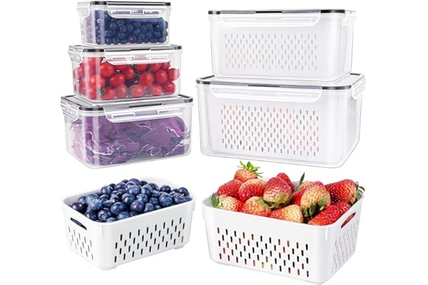 5 PCS Large Fruit Containers for Fridge - Leakproof Food Storage Containers with Removable Colander - Dishwasher & microwave safe Produce Containers Keep Fruits, Vegetables, Berry, Meat Fresh longer | with Removable Colander Leakproof Dishwasher & Microwave safe Produce Containers Keep Fruits Vegetables Berry Fresh longer