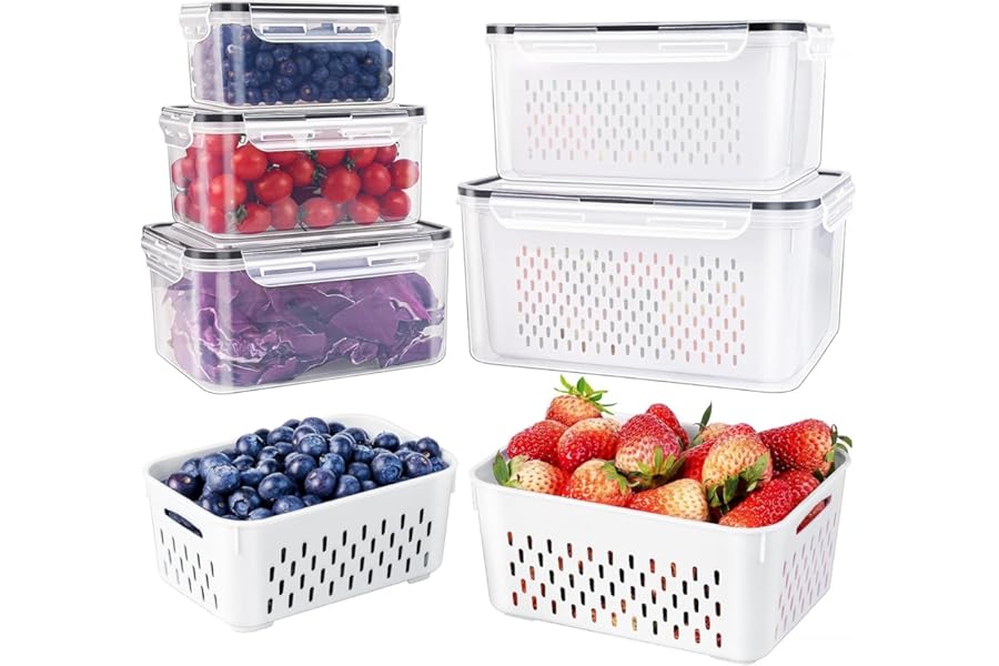 5 PCS Large Fruit Containers for Fridge - Leakproof Food Storage Containers with Removable Colander - Dishwasher & microwave Book