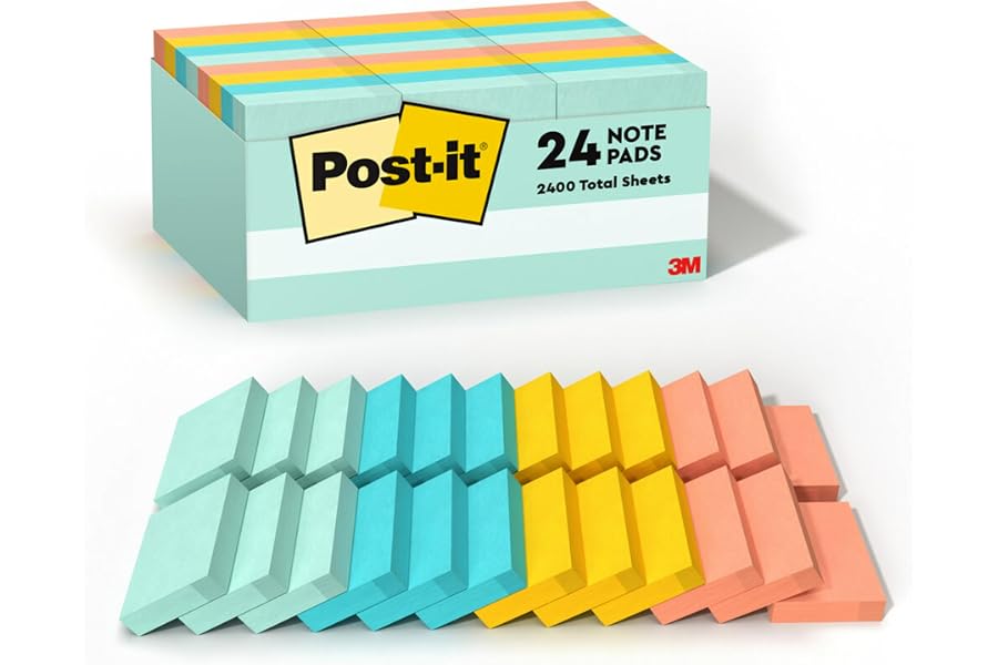 Post-it Notes, 1.38 x 1.88 in, Beachside Café Collection, 24 Pads | School Supplies and Office Products