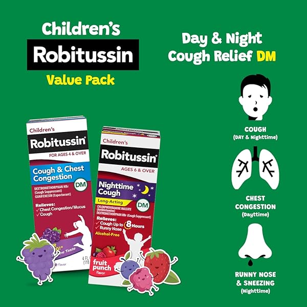 CHILDREN’S ROBITUSSIN DM DAY AND NIGHT COUGH RELIEF VALUE PACK, COUGH MEDICINE, GRAPE/FRUIT PUNCH FLAVOR – 4 FL OZ X 2