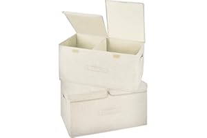Valease 2 Pack Storage Boxes with Lids and Handles, Collapsible Linen Storage Bins Organizer Containers Baskets Cube with Removable Divider for Home Bedroom Closet Office (Cream, Large)
