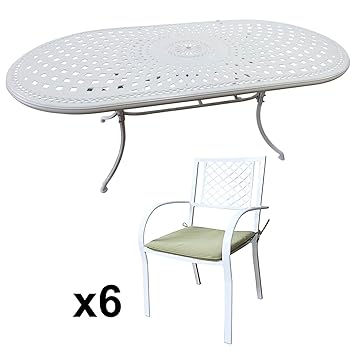 Lazy Susan - Catherine 210 x 105 cm Ovaler Gartentisch mit 6 Stühlen - Gartenmöbel Set aus Metall, Weiß (Jane Stühle, Grüne K