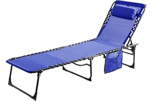 Yardenaler Foldable Chaise Lounge Chair with Detachable Pillow & Pocket, Outdoor Portable Tanning Chair with 4 Position Adjustable Back, Patio, Beach and Pool, Blue