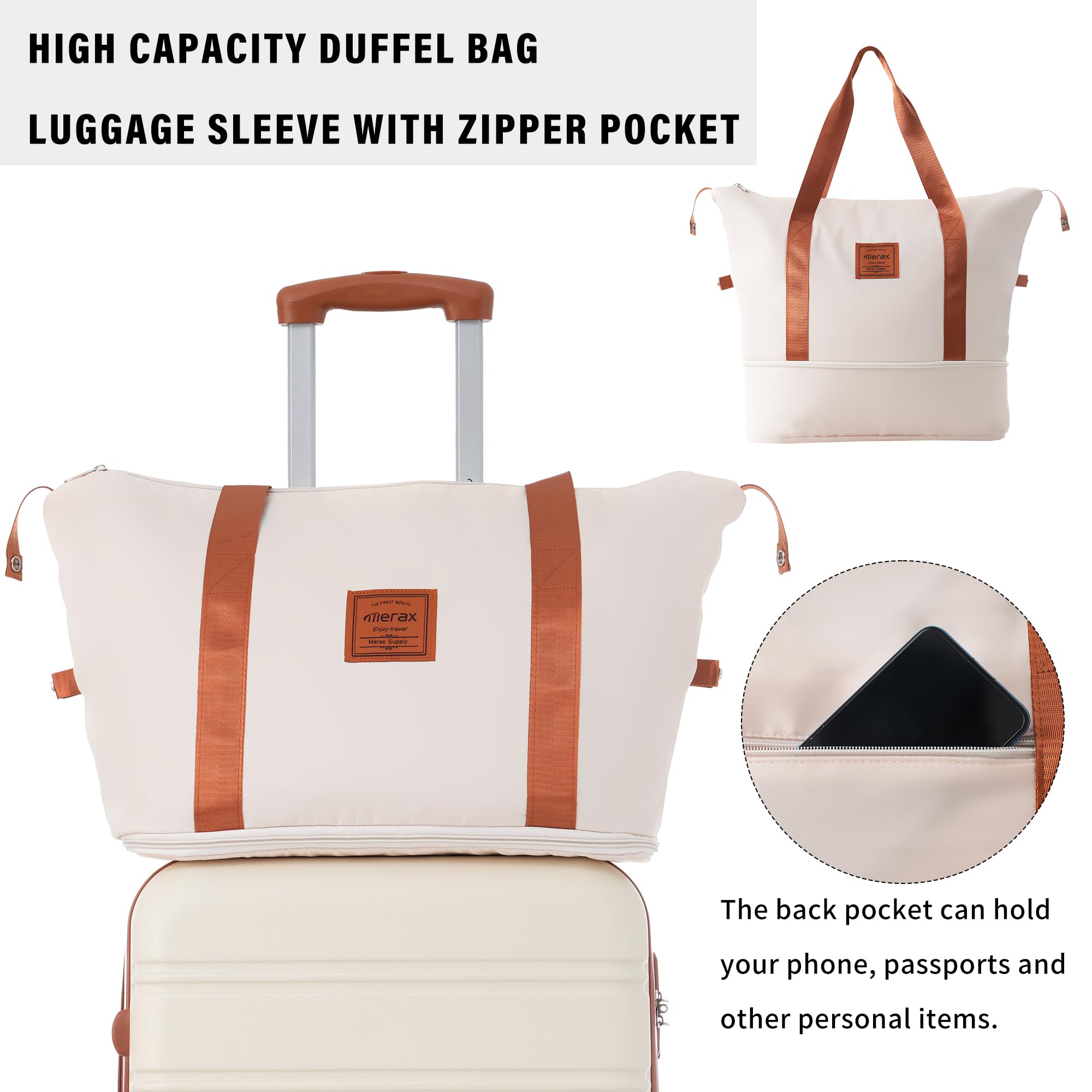 Merax Luggage Sets 2 Piece Expandable Hardside Luggage with Travel Bag Suitcase Set with Spinner Wheels(20+28+bag,Brown+White-1)