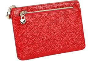 CYNURE Women's Genuine Leather Coin Purse Zipper Pocket Size Pouch Change Wallet, Red