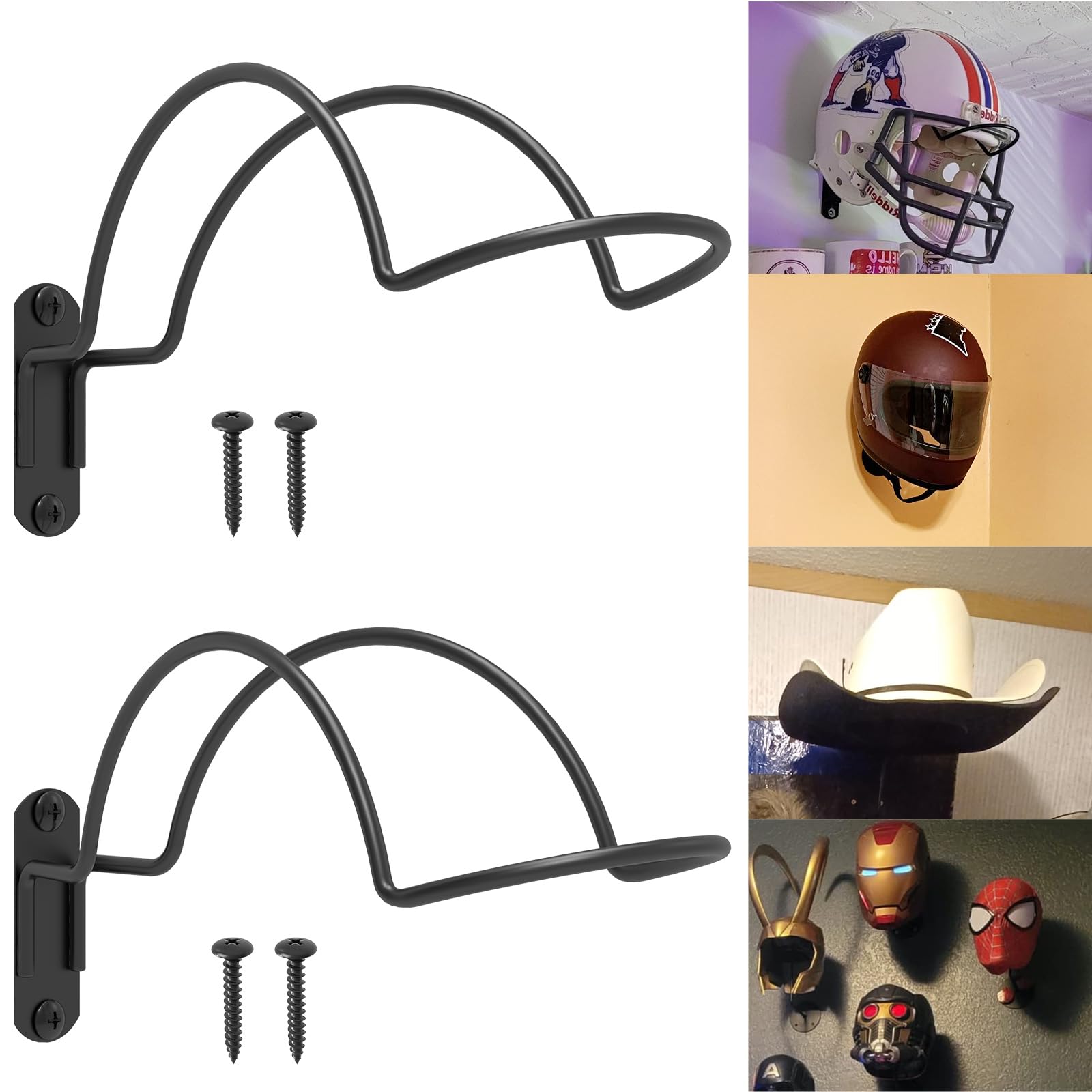 Photo 1 of 2-Pack Wall-Mounted Multi-Purpose Helmet Storage Display Rack - Durable Metal Hanger Hook for Equestrian, Motorcycle, Baseball, Hockey, Rugby & Electronic Helmets | Heavy-Duty Construction with Screws