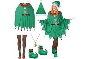 Berlune 7 Pcs Christmas Elf Poncho Costume for Women Adult Santa Outfit Elf Poncho Xmas Hat Jingle Bells Necklace Striped Socks Elf Shoes