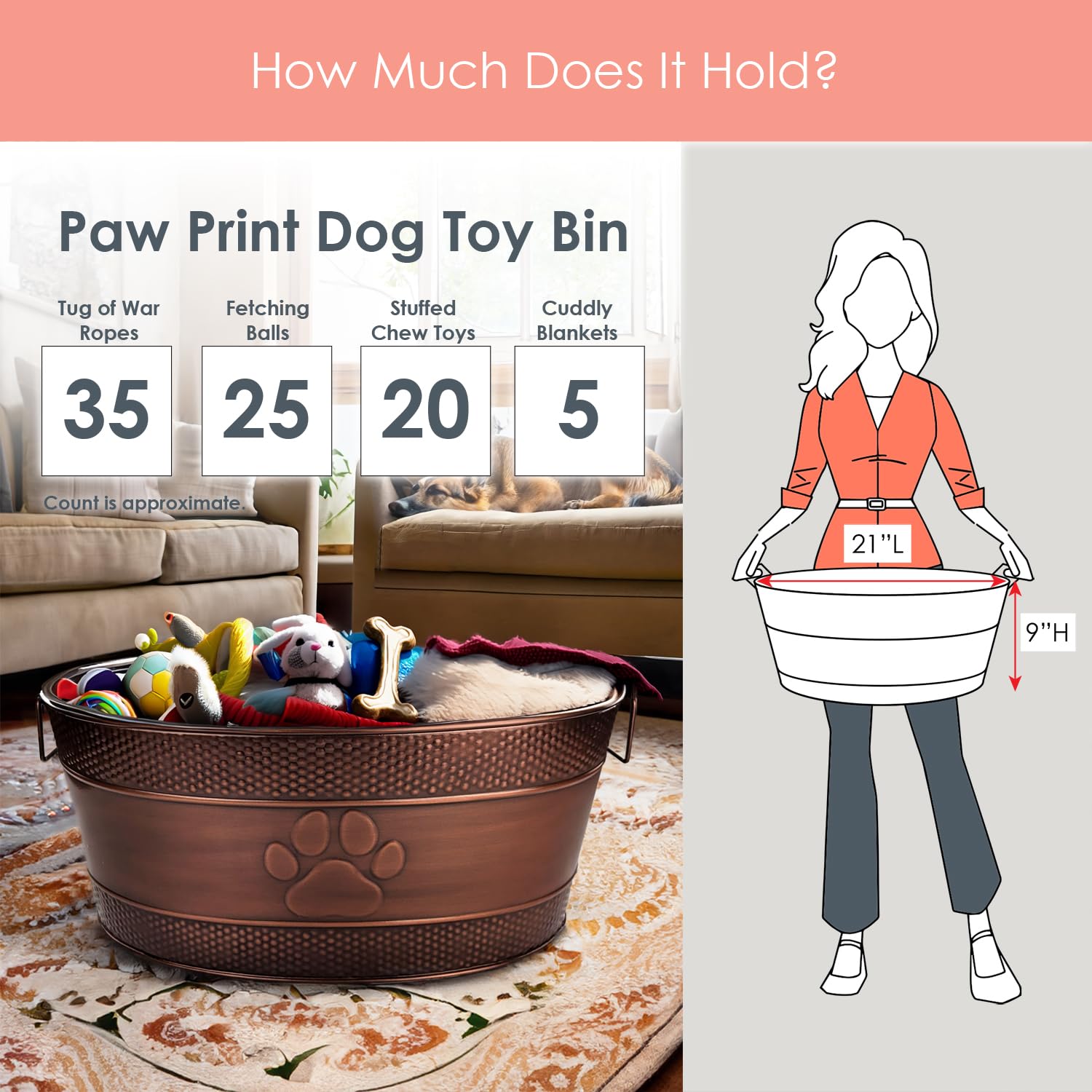 BREKX Indestructible Metal Dog Toy Bin - Copper Galvanized Storage Bin with Handles, Puppy Basket for Dog Storage, Blankets, & Leashes, Paw Pet Toy Box (25-Quart)