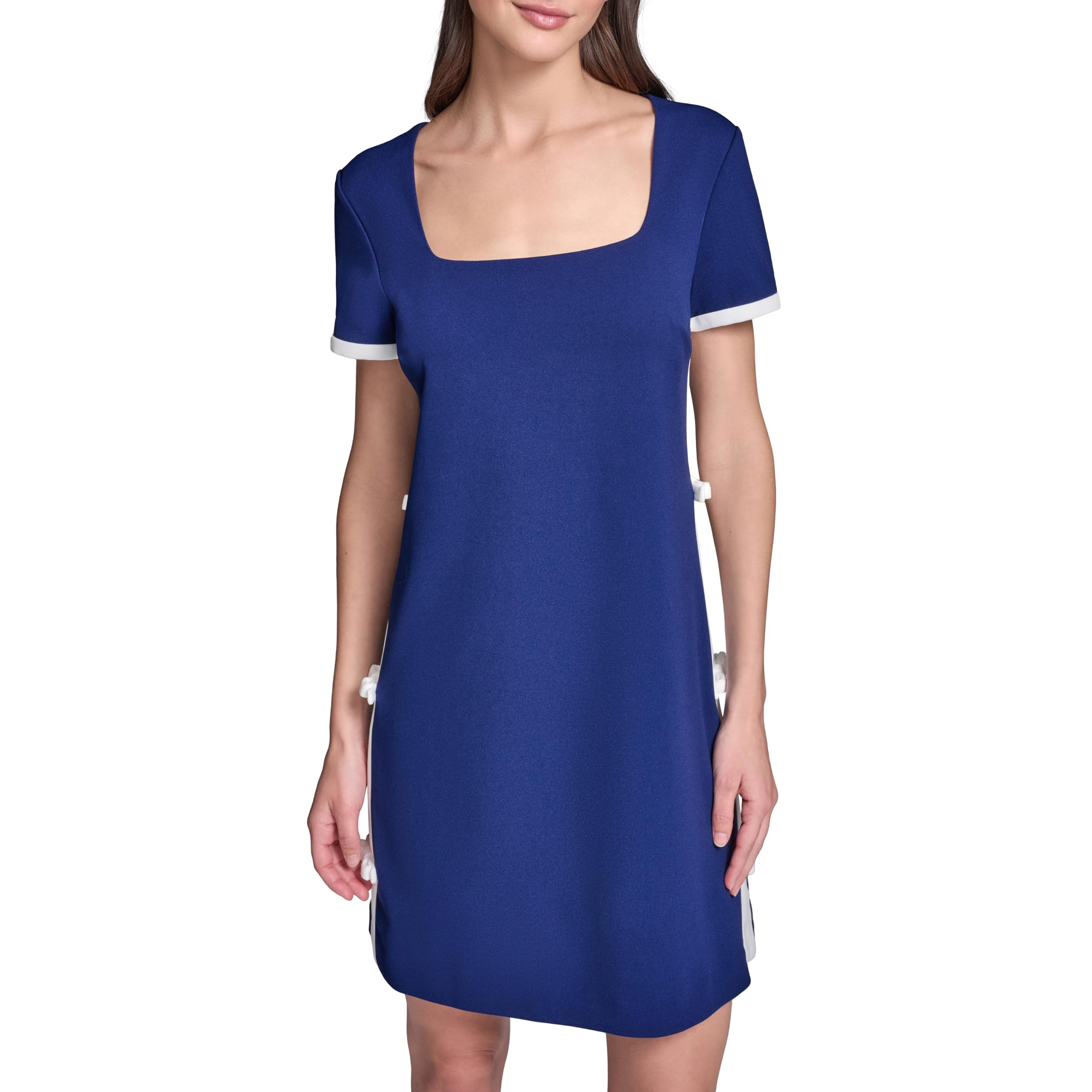 KARL LAGERFELD Paris Women’s Short Sleeve Square Neck Bow Embellished Shift Mini Dress, Maritime/Soft White, 10