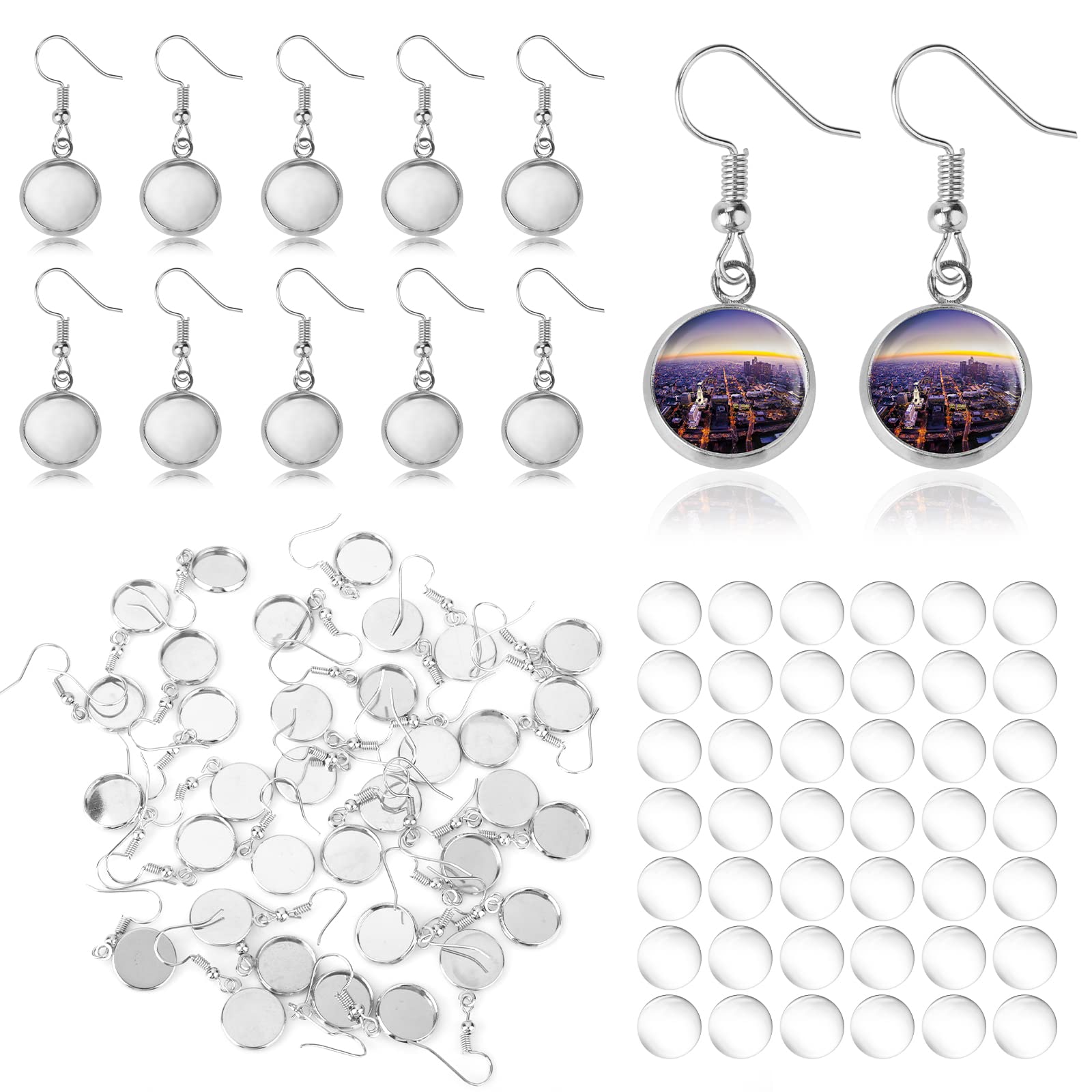 ASTER 50 Pieces Silver Earrings Hooks Blanks, 12 mm Stainless Steel Bezel Trays with Glass Cabochons Setting, Earring Blanks for Jewelry Earrings Making DIY Craft