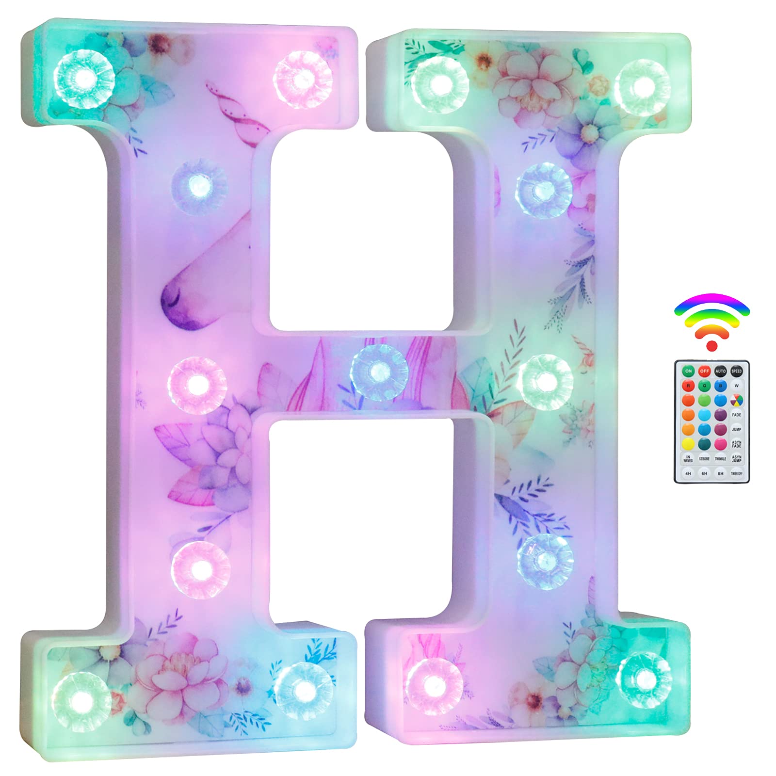 Unicorn Light Up Letters, LED Letter Lights 18 Color Changing Diamond Alphabet Sign Unicorn Gifts for Girls Women Party Birthday Decorations Remote Night Light Christmas Valentine Wall Table Decor - H