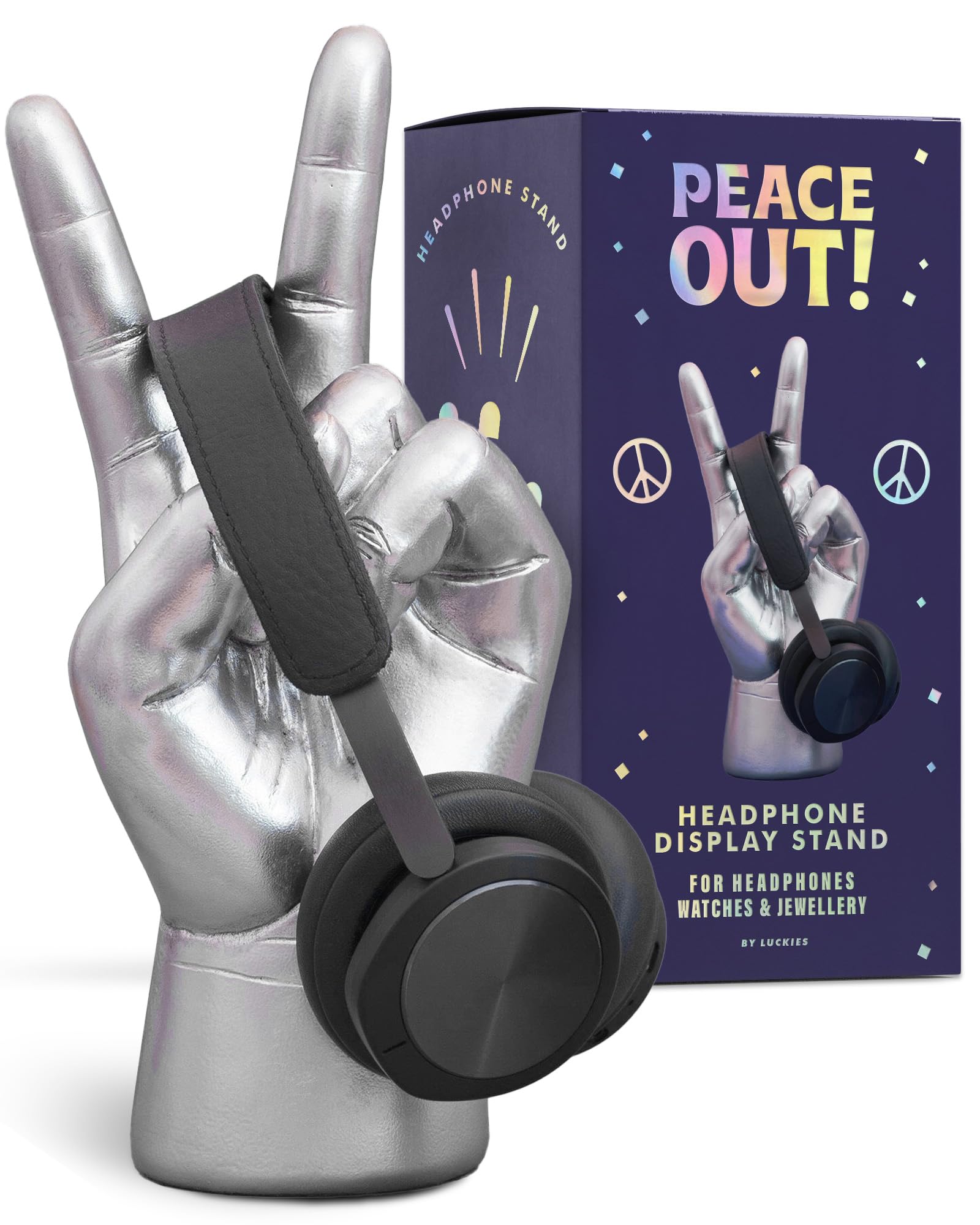 Luckies Headphone Stand | Peace Out Headset Stand & Headphone Holder Desk Tidy | Cable Management Desk Organiser or Hand Shape Jewellery Organiser | Silver Headset Holder Table Accessories