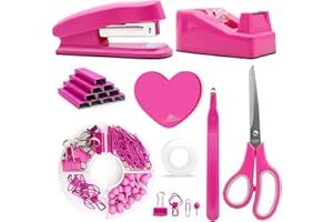 Hot Pink Office Supplies, UPIHO Hot Pink Desk Accessories, Stapler and Tape Dispenser Set for Women with Stapler, Tape Dispenser, Staple Remover, Staples, Clips, Scissor and Sticky Notes for Students