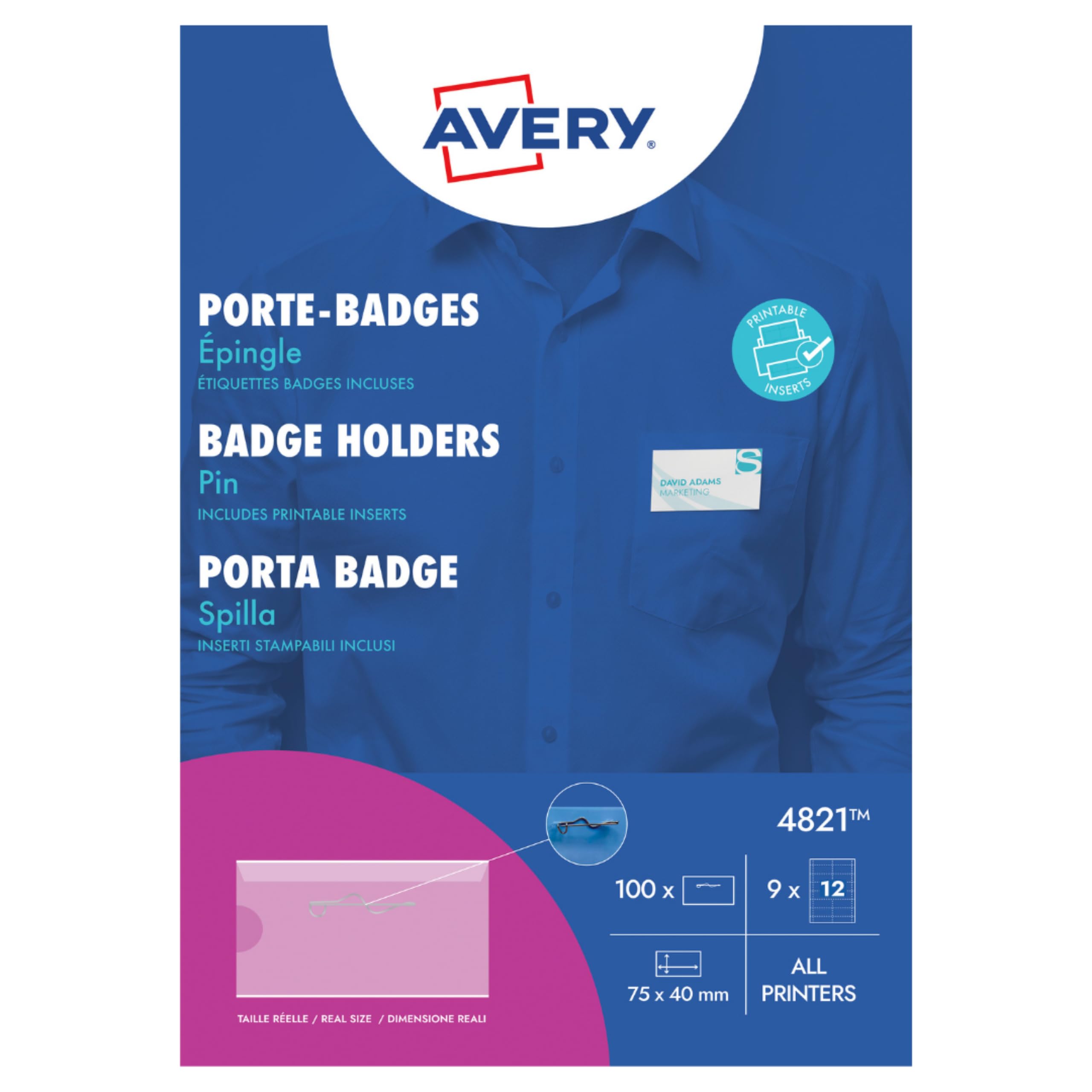 Avery 4821 Printable and Customisable Name Badges with Plastic Cases and Pins (70 x 45 mm Badges, Pack of 100) - White