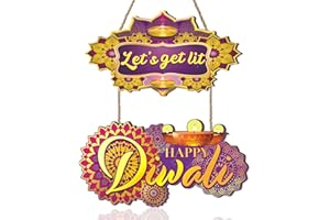 Aryroi Happy Diwali Sign,India Diwali Door Decoration,Indian Diyas Rangoli Mandala Hanging Sign,Festival of Light Wall Plaque,Let's Get Lit Wall Decoration for Home Party Porch Yard Outdoor Office