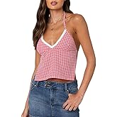 Women Girls Terry Trim V-Neck Halterneck Top Sleeveless Open Back Gingham Tops Strappy Y2K Shirts Streetwear