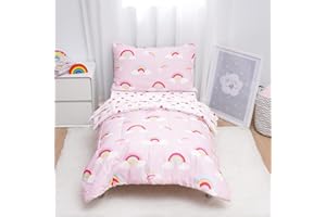 david's kids 4 Piece Toddler Bedding Set - Soft Breathable Toddler Bedding Set for Girls, Includes Quilted Comforter, Flat Sheet, Fitted Sheet and Pillowcase, Rainbow