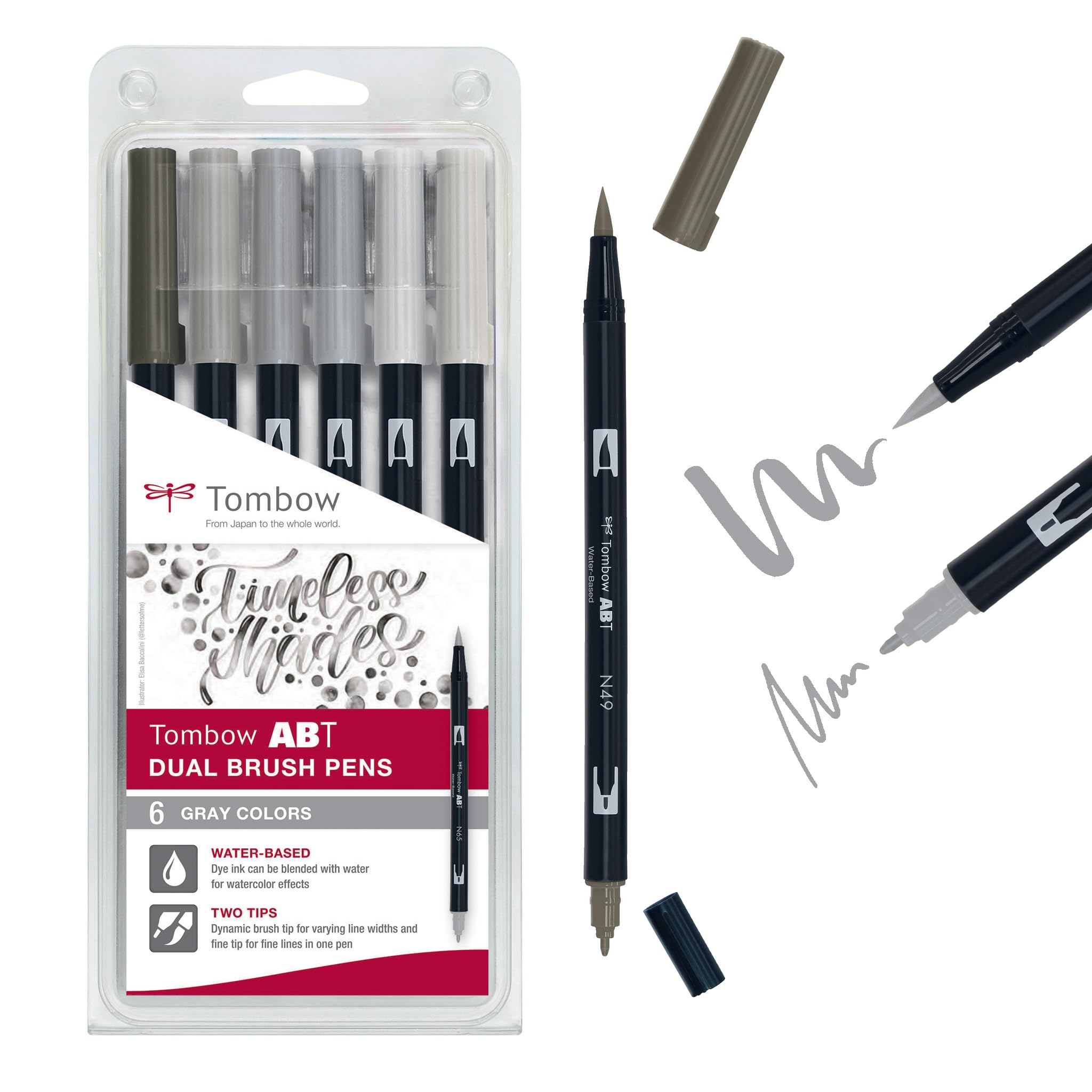 Tombow ABT Dual Brush Pen, Grey Colors, set of 6, dual-tip pens, perfect for hand lettering and bullet journaling, watercoloring [ABT-6P-6]