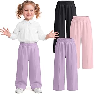 Hyggeweir 3 Pack Toddler Girls Wide Leg Pants | Front Seam, Baggy, Cotton Sweatpants, Baby Girls, Active, Back to School Trou