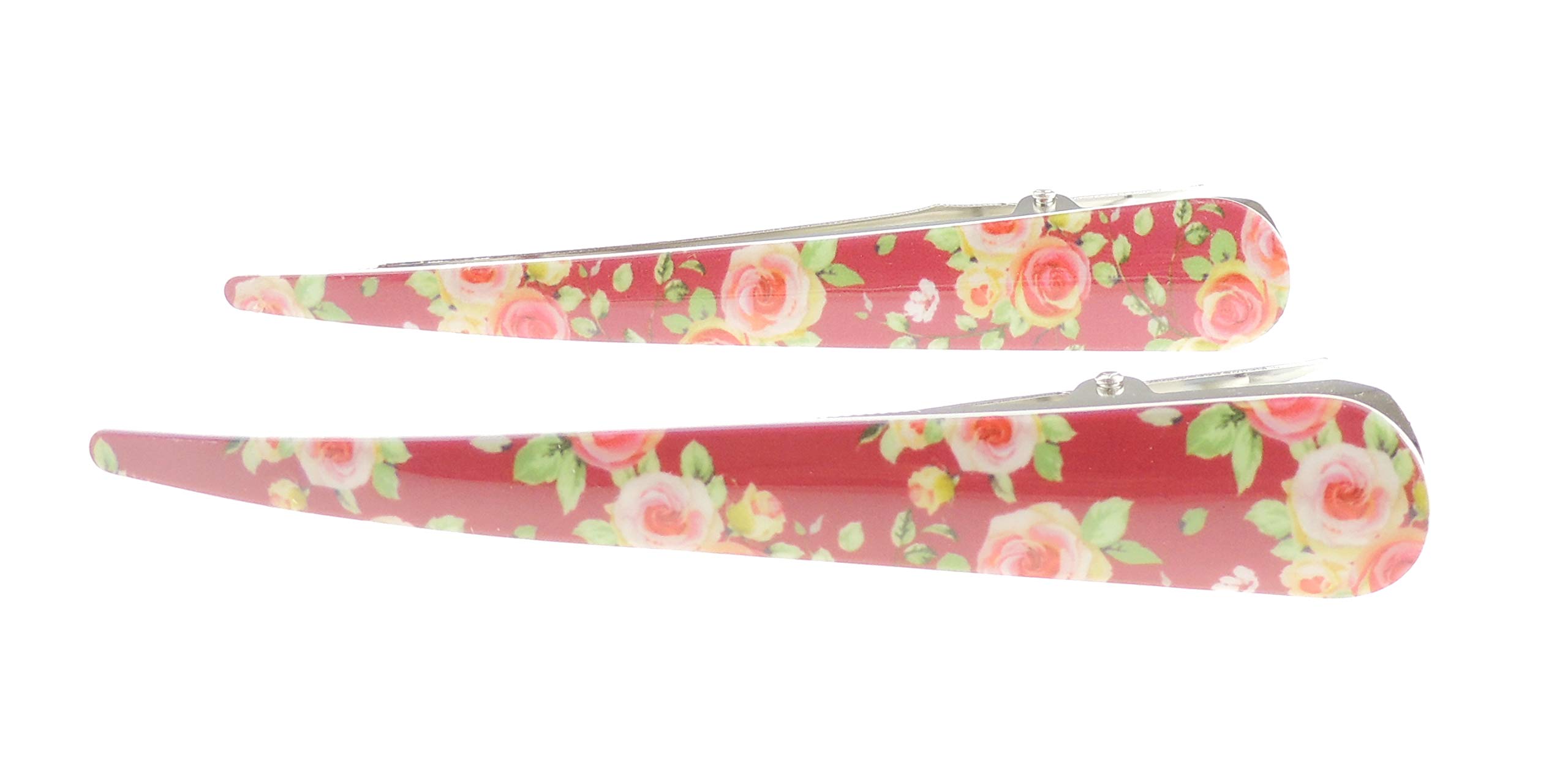 Set of 2 Girls Garden Rose Floral Print School Birthday Party Occasion Hair Accessories Styling Clip Barrette Claw Hairpin Sectioning Grips Concorde Beak Duckbill Clamp Alligator Clip (Red)