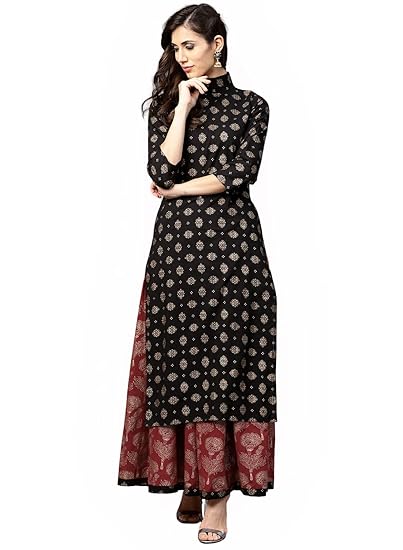 Women's Rayon Kurti With Skirt Set (BLACK)