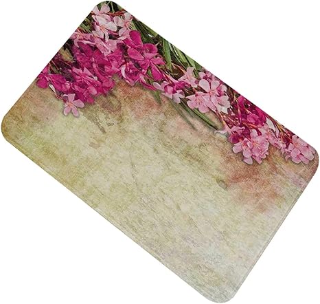 Amazon 花 玄関マット キョウチクトウの花のヴィンテージイラスト苦しめられたレトロな背景 50x80cm マイクロファイバー 可愛い 吸水 速乾 足拭きマット ピンクグリーンライトイエロー 浴室足ふきマット ホーム キッチン オンライン通販