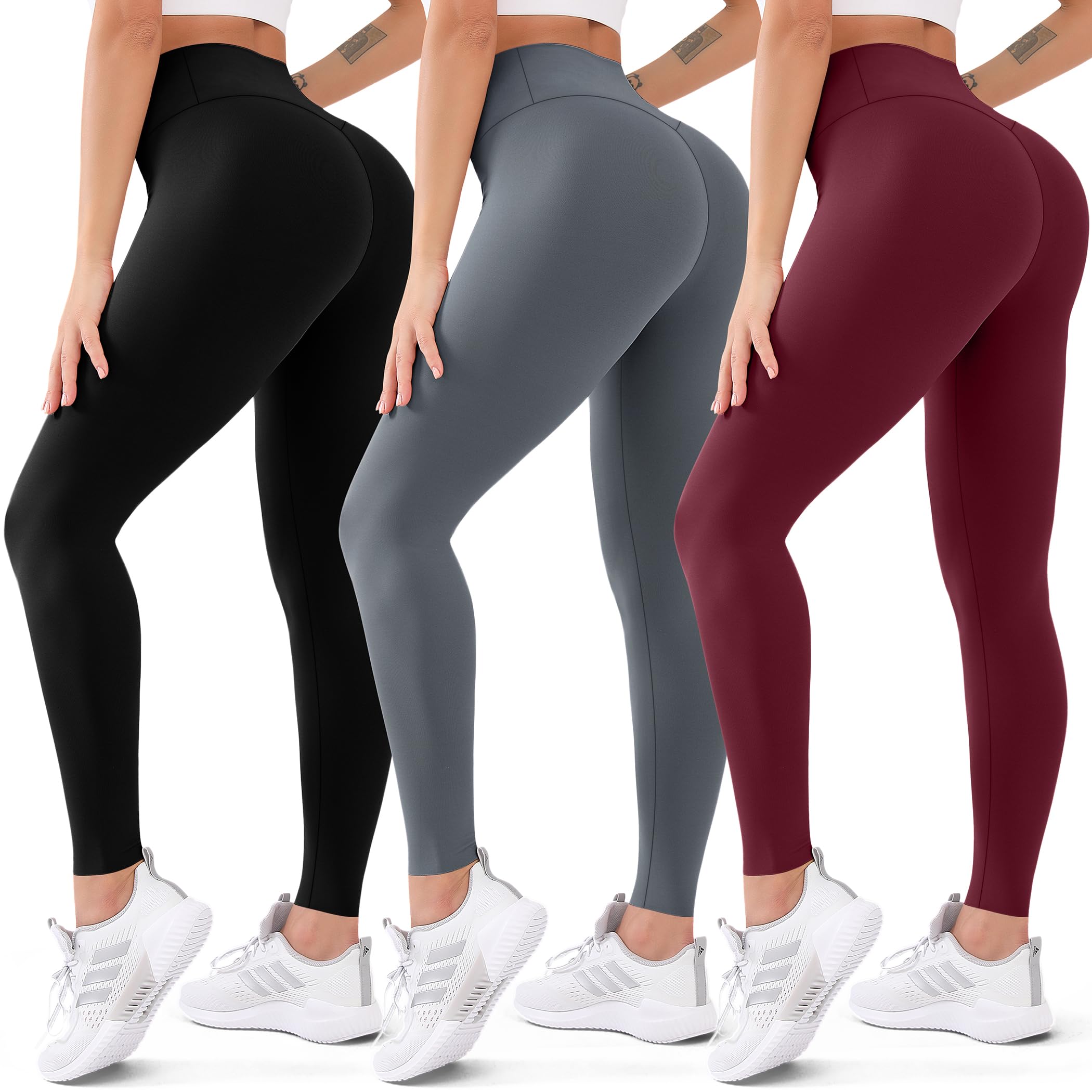 Photo 1 of 3 Pack High Waisted Leggings for Women Butt Lift Tummy Control Yoga Pants Non See-Through Workout Running Pants (05 Black/Gray/Wine red,S/M)