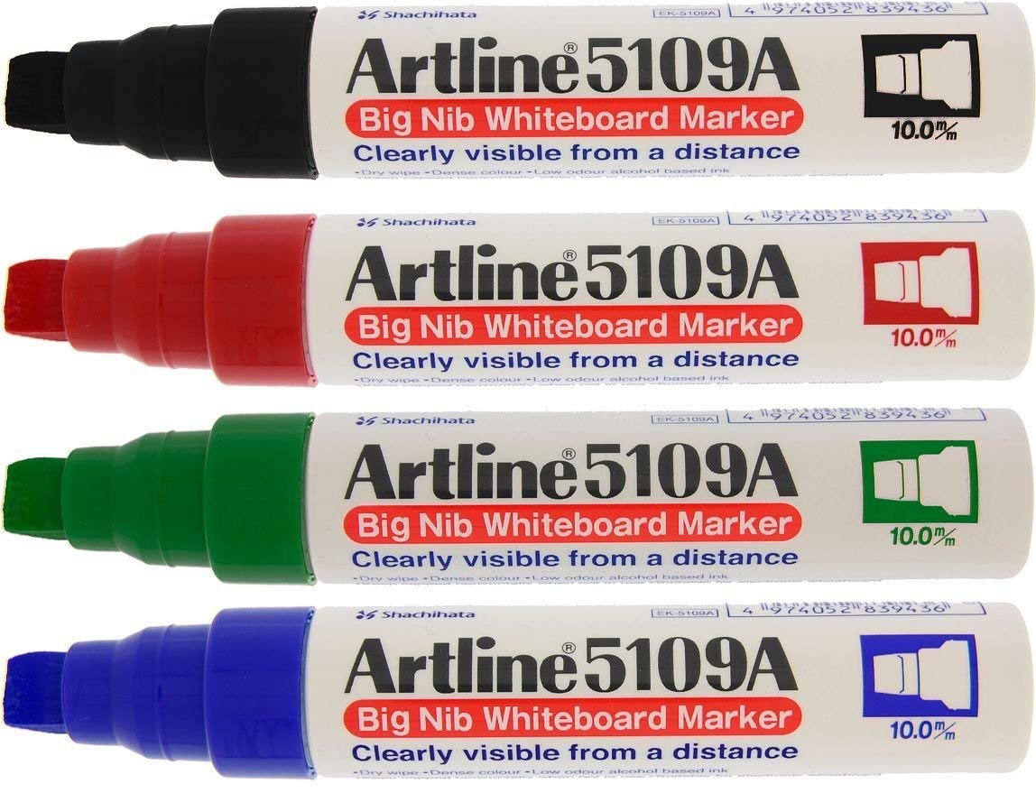 Artline Pack of 4 Big Nib Whiteboard Pens (Black, Red, Blue & Green). Whiteboard Markers with 10mm Chisel Nib, White Board Markers Erasable for School or Office - Genuine White Board Pens