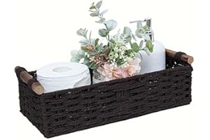 Asixxsix Paper Rope Storage Basket, Handwoven Wicker Organizer Bin with Wooden Handle, for Bathroom Toilet Tank Countertop Li