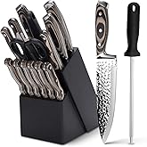 Knife Sets for Kitchen,15-piece Hammered Desgin Knife Set with Block and Sharpener, High Carbon Stainless Steel Chef Knives with Grey Triple Rivet Handle, Ultra Sharp and Dishwash Safe