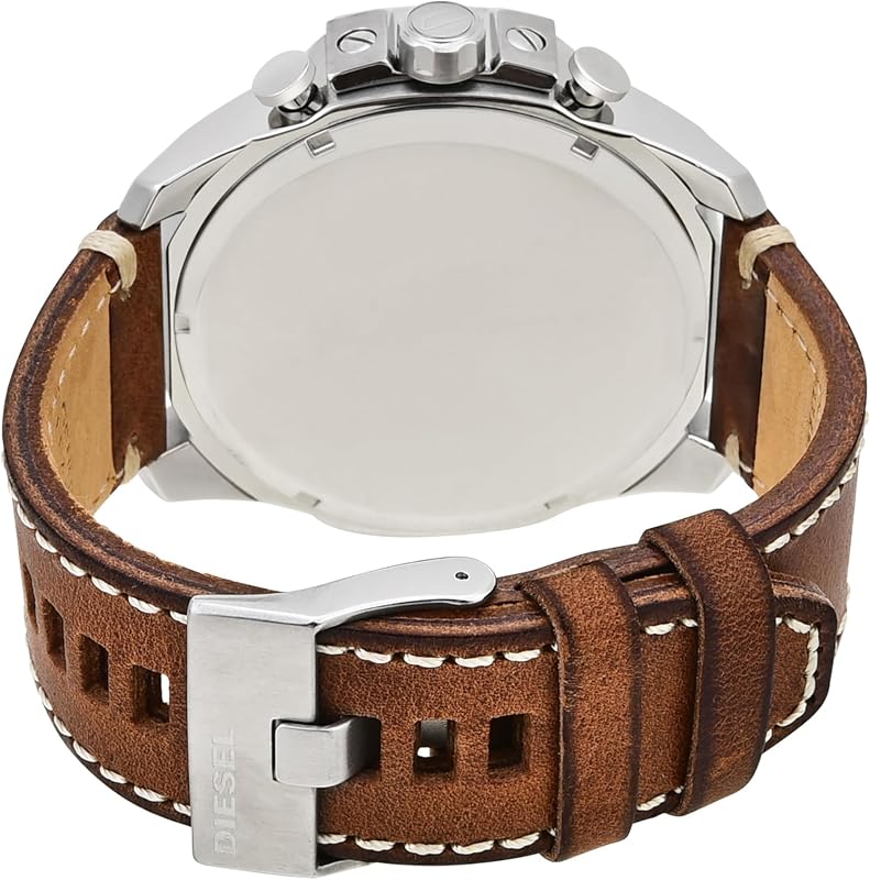 Herrenuhr Mega Chief, QuarzChronographenwerk, 51mm Silbernes Edelstahlgehäuse mit Lederarmband, DZ4458