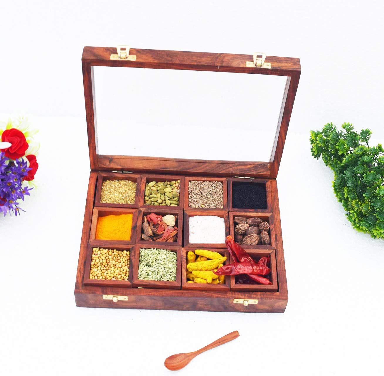 Buy CRAFTCASTLE Wooden Spice Box Set for Kitchen with Container & Spoon