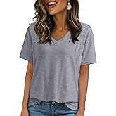 Dokotoo Women's Casual Summer T Shirts Short Sleeve V Neck Tops Lace Cotton Tshirts