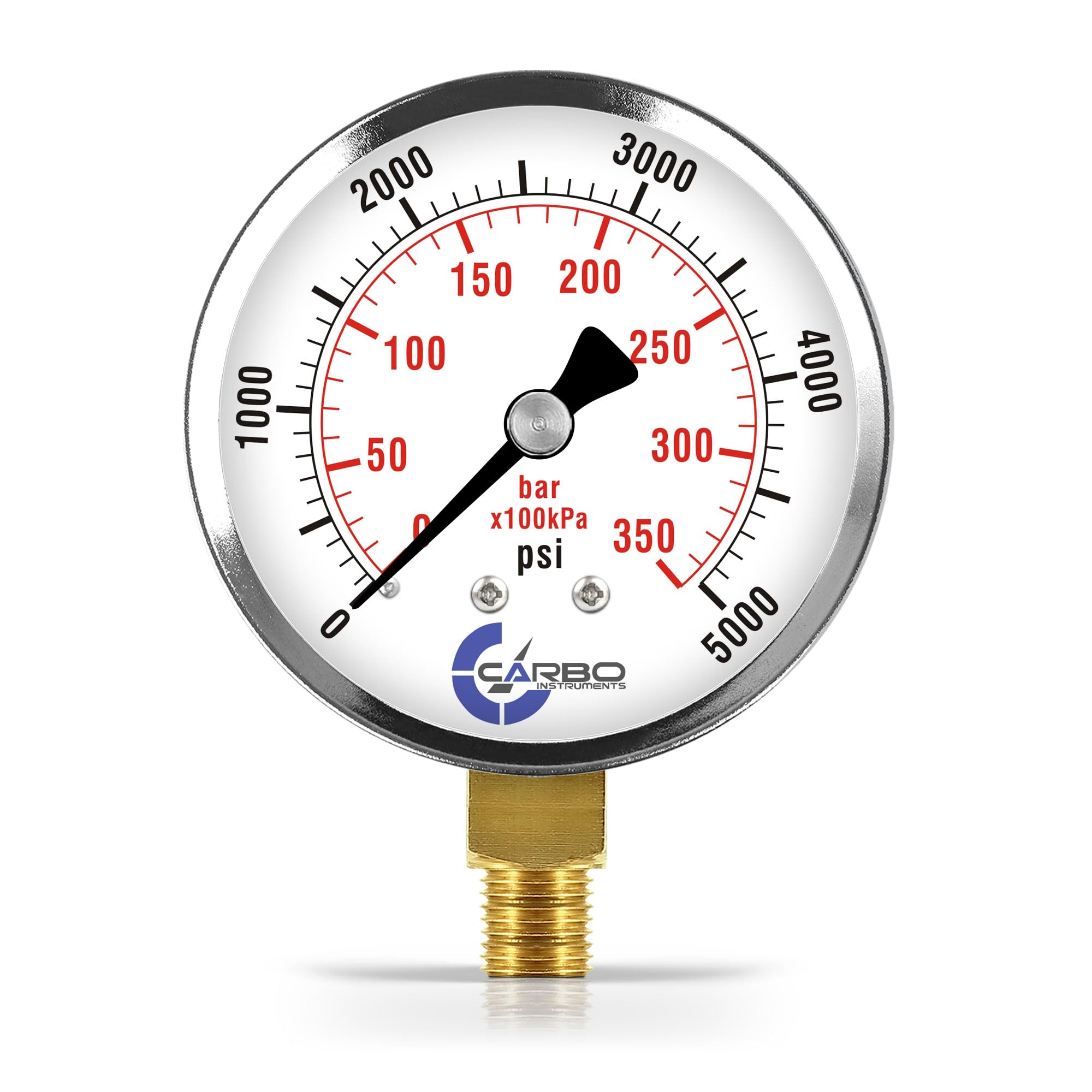 CARBO Instruments 2-1/2" Pressure Gauge, Chrome Plated Steel Case, Dry, 0-5000 psi/kPa, Lower Mount 1/4" NPT