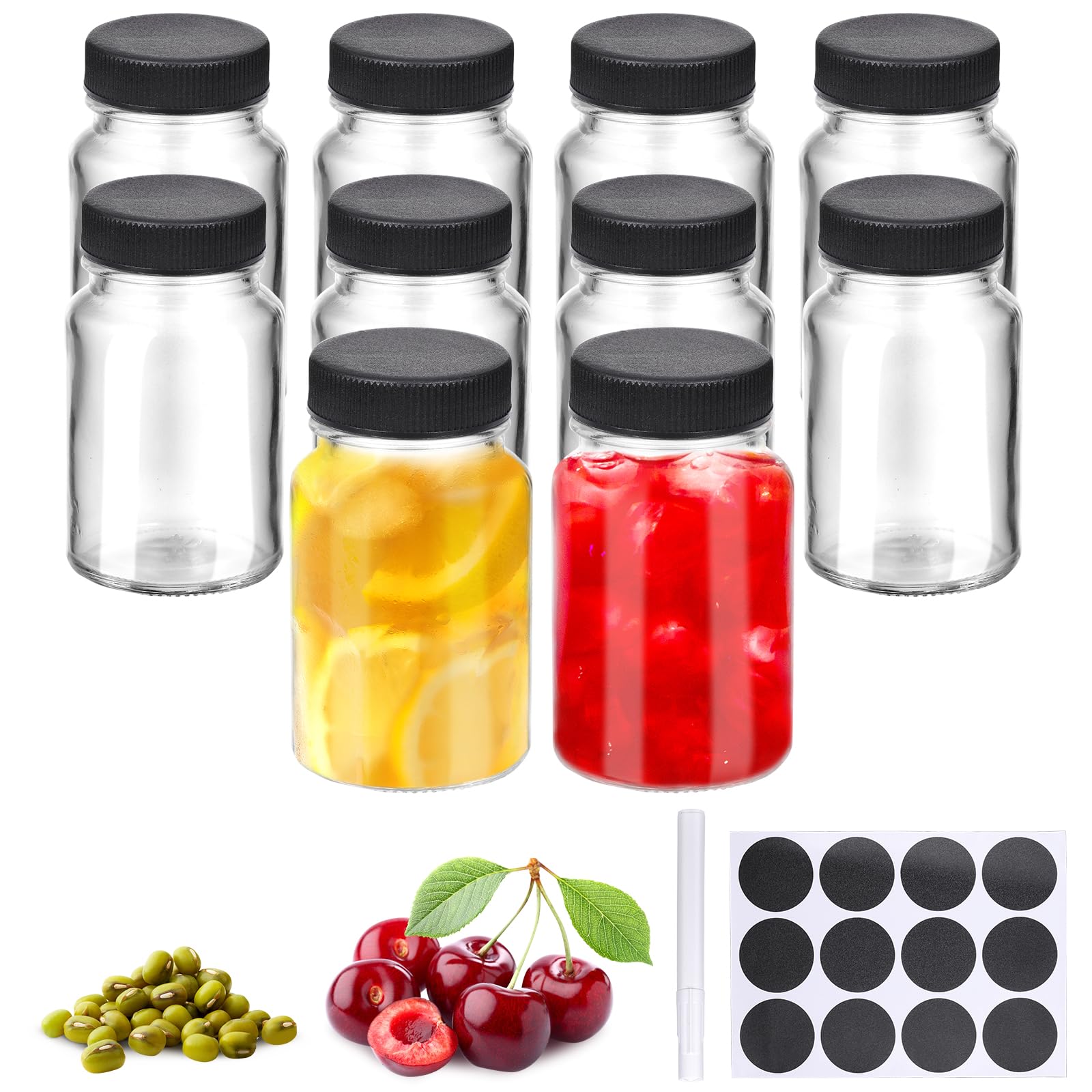 Photo 1 of 10 Pcs Glass Shot Bottles with Caps, 2oz Ginger Shots Bottles, Reusable Thick Mini Juice Shot Bottle with Label, Small Bottle, Wide Mouth Small Glass Jars with Lids for Oil Sauce (Black Lid)