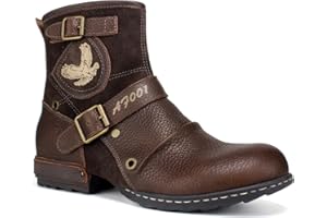 Psanfawq Motorcycle Boots Men Waterproof Leather -Retro Moto Biker Boots with Zip Up & Harness, Riding Combat Boots for Men Casual & Daily Wear