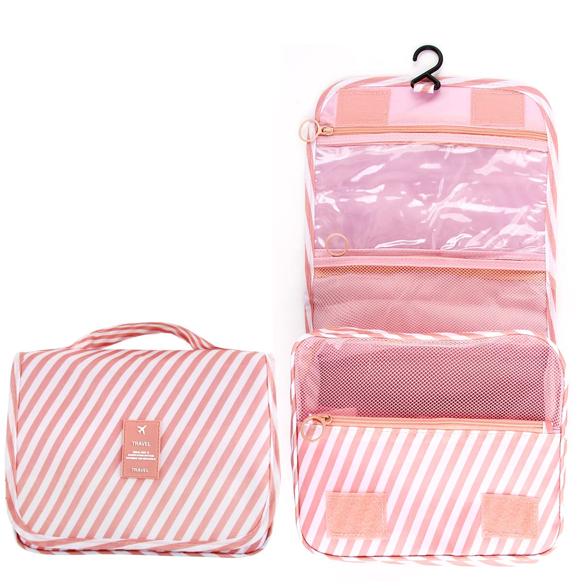 Hanging Travel Toiletry Bag,Discoball Ladies Travel Folding Washbag, Collapsible Waterproof Make up Bag with Hook for Travel Organizer for Women and Girls(Pink Stripes)