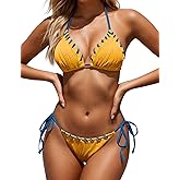 Zojuyozio Women Two Piece Bikini Swimsuit Color Block Bathing Suits Halter Triangle String Bikini Sets